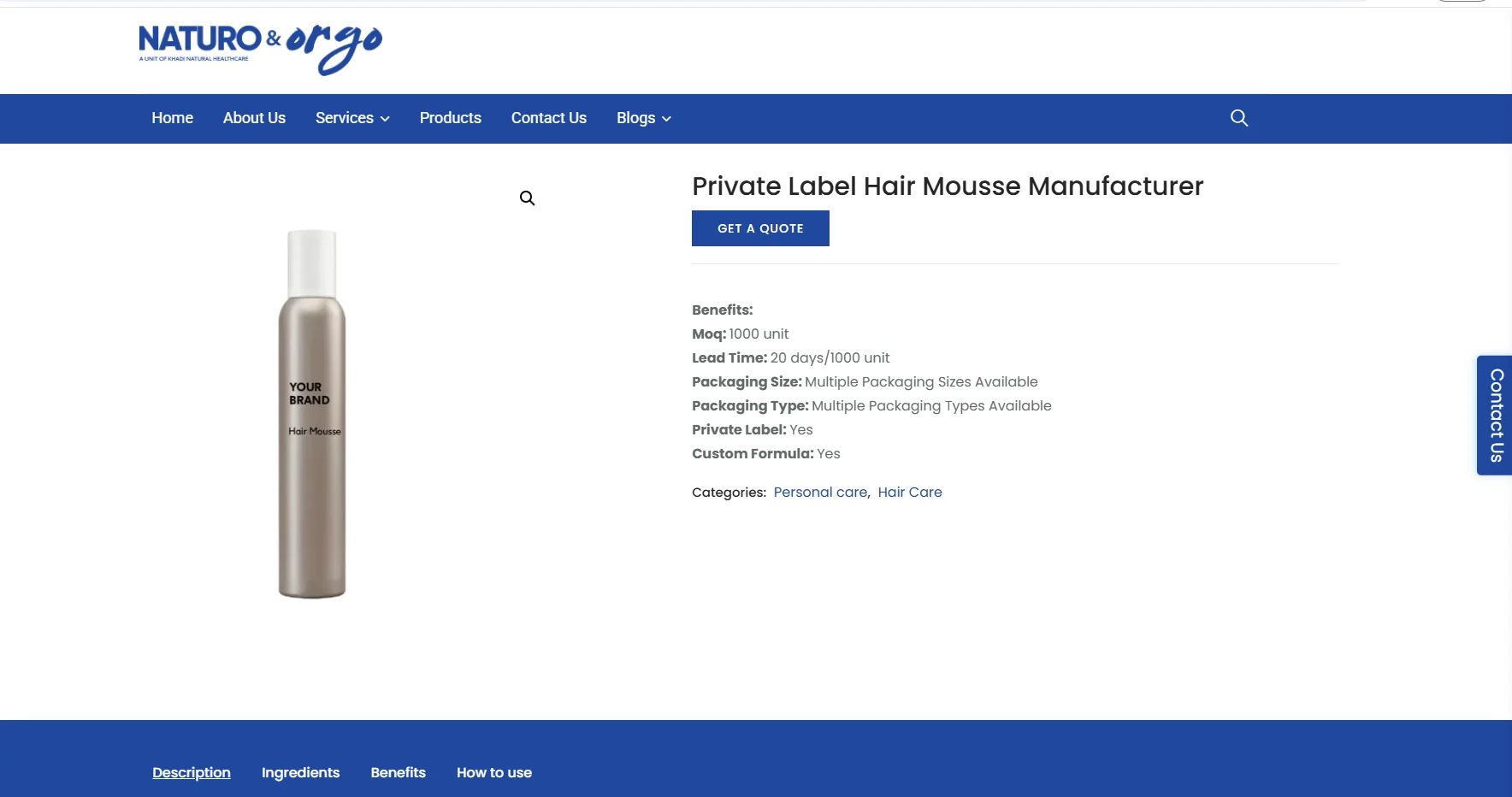 A private label hair mousse with customizable options displayed on a website page featuring product benefits and packaging details.